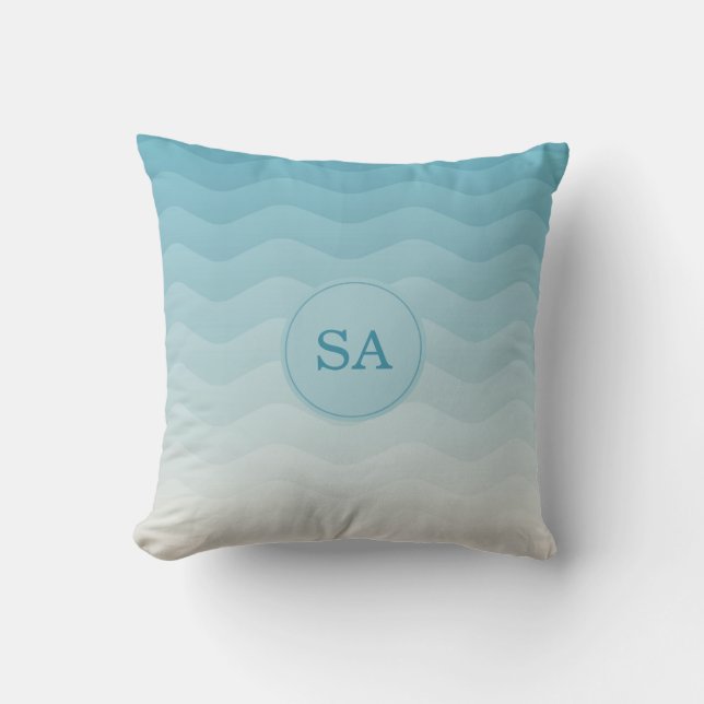 Monogramme Pastel Blue Waves Ombre Lance Oreiller (Recto)