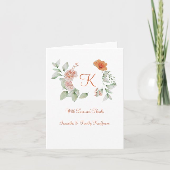 Monogramme Pêcher vert Mariage Floral Merci (Devant)