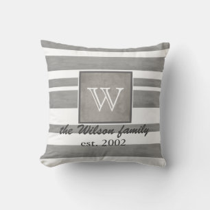 monogramme personnalisé coussin rayures gris et bl
