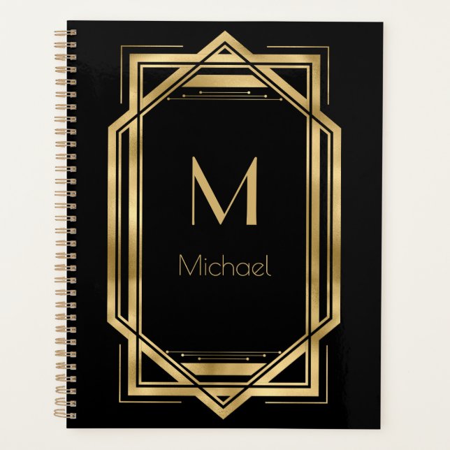 Monogramme personnalisé noir et or | Géométrique (Devant)