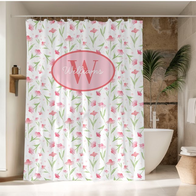 Monogramme personnalisé Rideau Douche Fleurs roses (Créateur téléchargé)