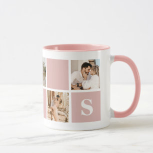 Monogramme photo en rose et blanc personnalisé Mug