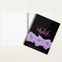 Monogramme Pink Purple Peonies Chic Retro Typograp