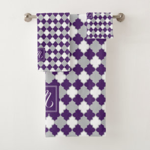 Monogramme Plum violet, gris et blanc Quatrefoil