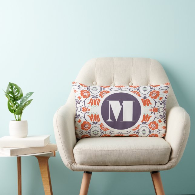 Monogramme Purple Orange Mint Floral Coussin moder (Chaise)
