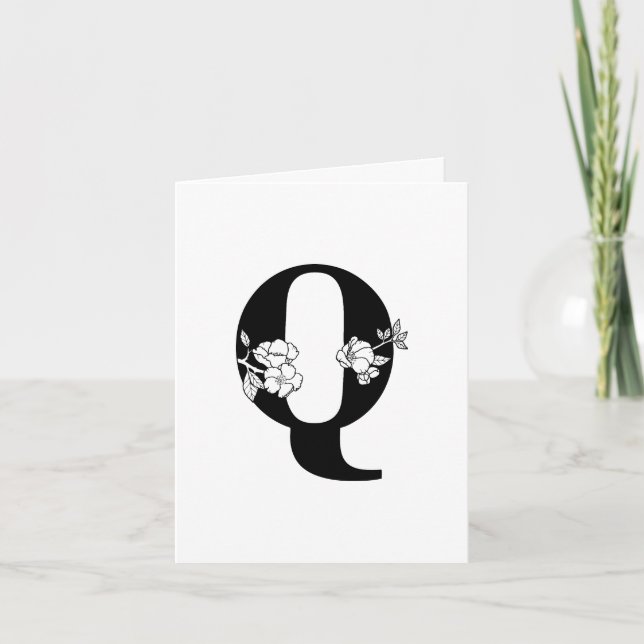 Monogramme Q Floral Sur Carte Note Blanche (Devant)