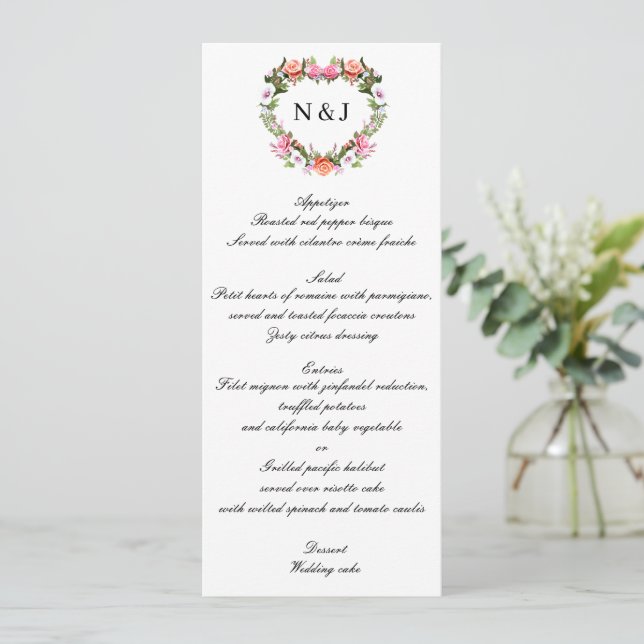 Monogramme Romantique Rose Floral Heart Menu Maria (Debout devant)