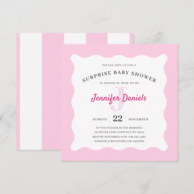 Monogramme rose Baby shower surprise Invitation (Devant / Derrière)