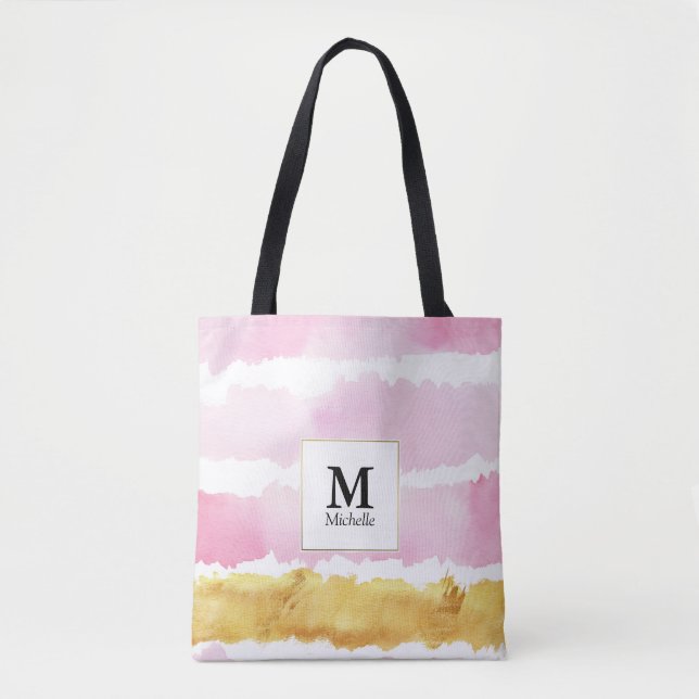 Monogramme rose et or Sac fourre-tout rayé (Devant)