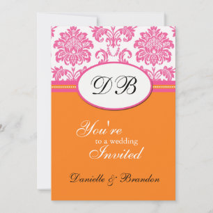Monogramme rose et orange Damask Faire-part de mar
