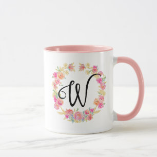 Monogramme rose mou (W) Fleur Flower Wreath Mug