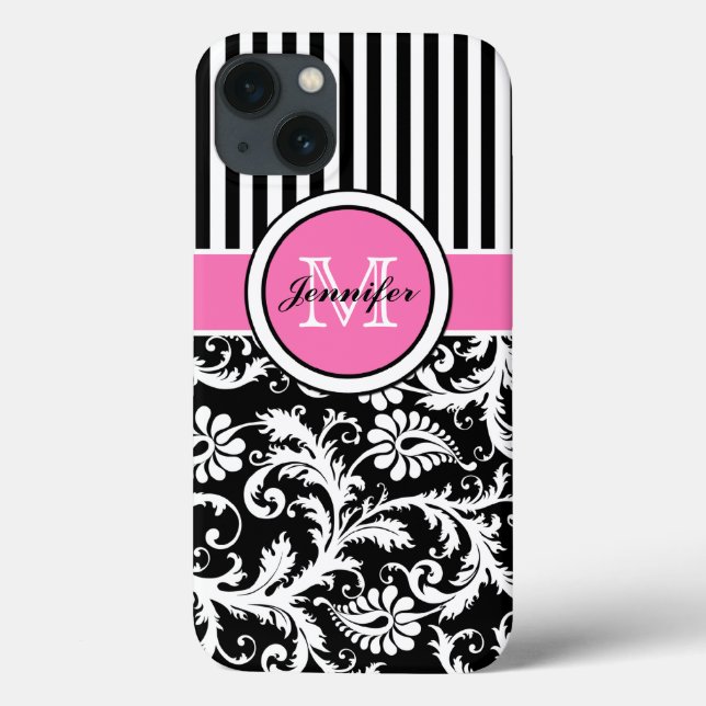 Monogramme rose, noir, blanc Coque en damas rayé (Verso)