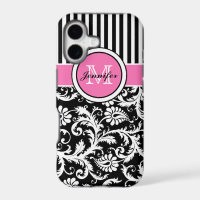 Monogramme rose, noir, blanc rayé Damas