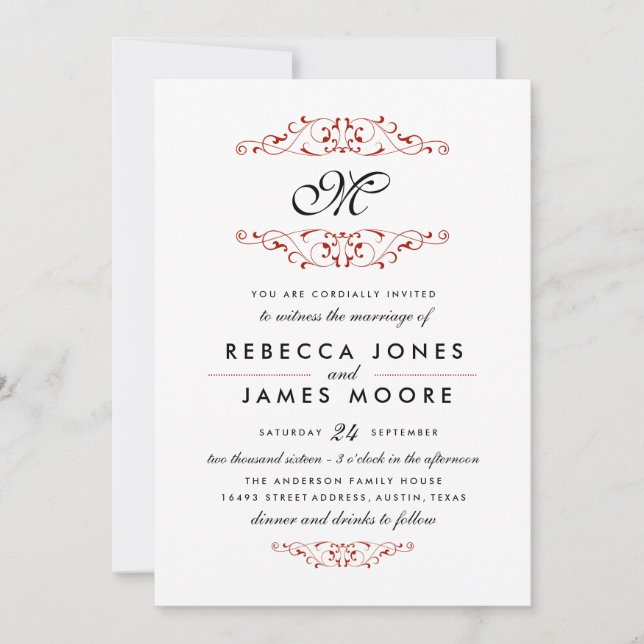 Monogramme rouge antique Faire-part de mariage (Devant)