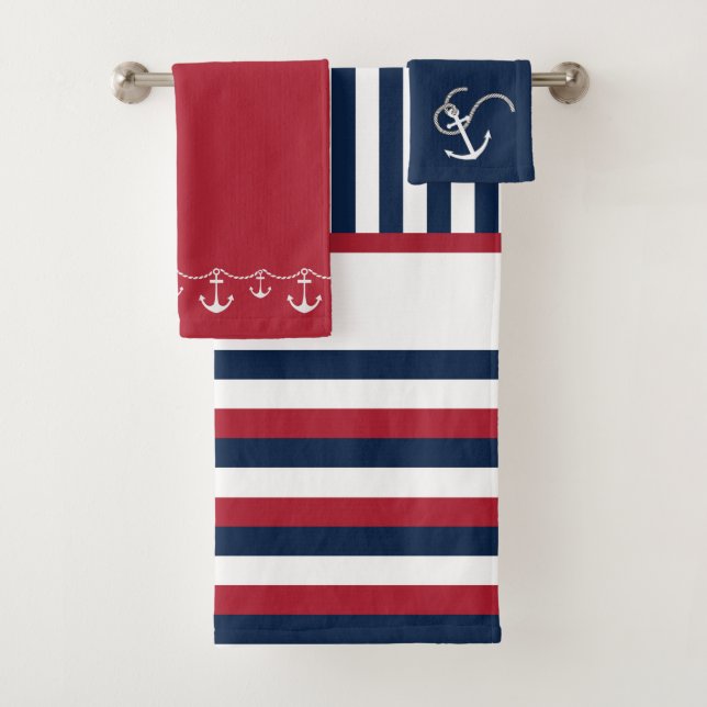 Monogrammé Rouge, blanc et bleu rayures Nautique (En situation)