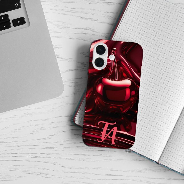 Monogramme rouge cerise brillante iPhone / coque i (Créateur téléchargé)