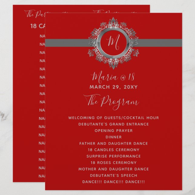 Monogramme rouge et gris Programmes d'anniversaire (Devant / Derrière)