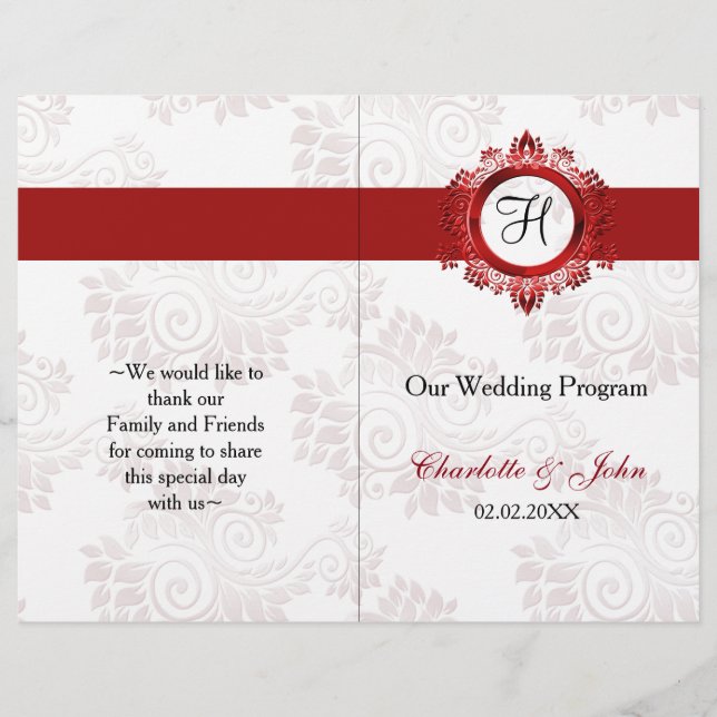 monogramme rouge plié programme de mariage (Devant)