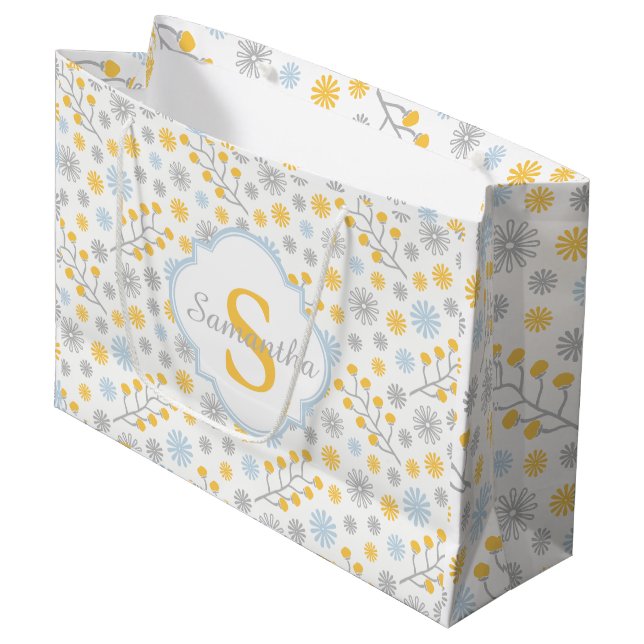 Monogramme Sac cadeau moderne bleu jaune et gris (Devant Angle)