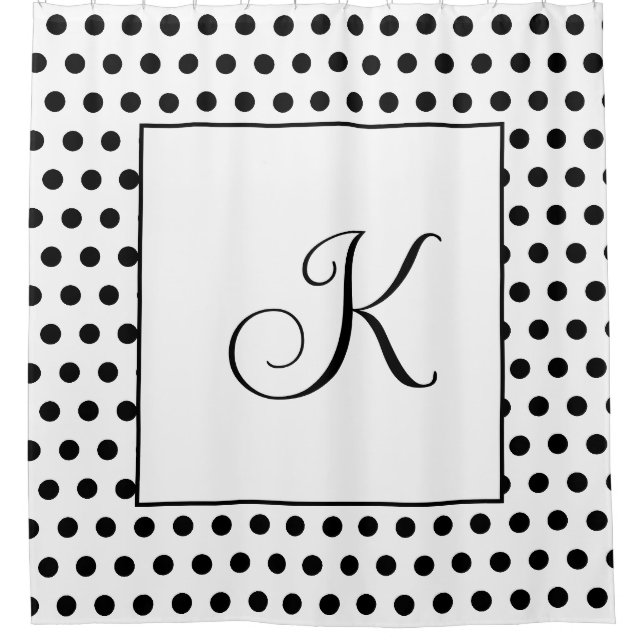 Monogramme Schwarz-weiß Polka Dots Modernes Elegan Duschvorhang (Vorderseite)