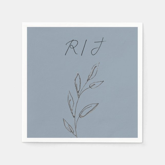 Monogramme Schwarz-weiße Blätter Dusty Blue Weddin Serviette (Vorderseite)