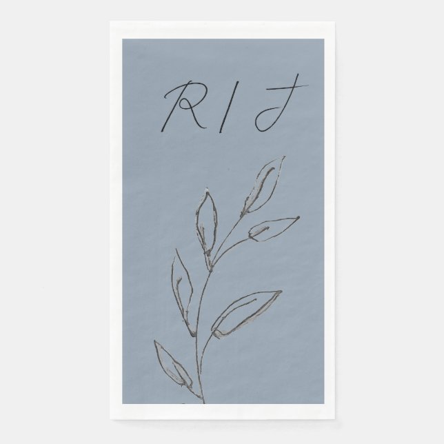 Monogramme Schwarz-weiße Blätter Dusty Blue Weddin Serviette (Vorderseite)