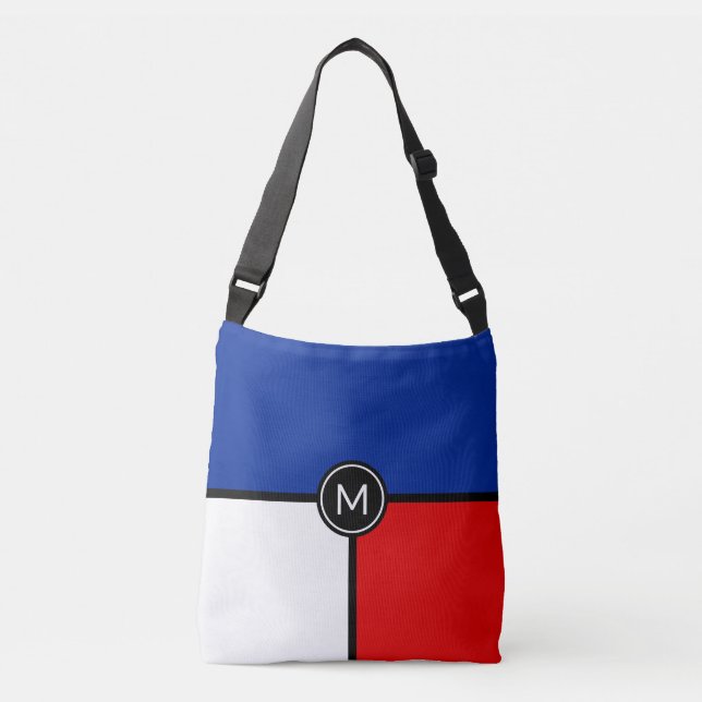 Monogramme sur sac croisé bleu, rouge et blanc (Devant)