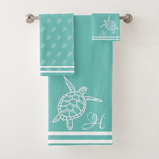 Monogramme Tortues de mer Turquoise Bleu Nautique  (En situation)