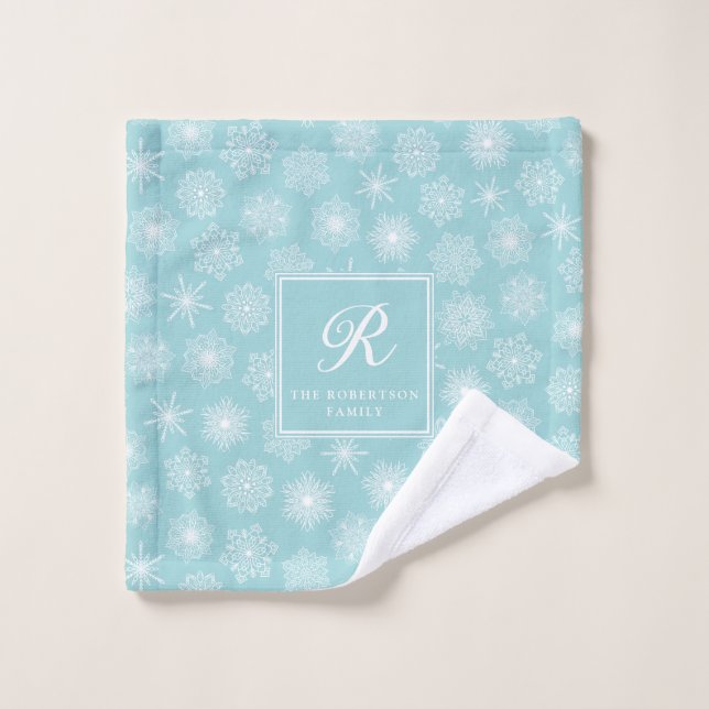 Monogramme Turquoise Flammes de neige Bleues Hiver (Gant de toilette)