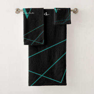 Monogramme Turquoise noir moderne Nom géométriqu