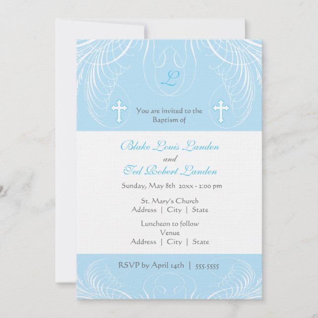 Monogramme Twin Boys Baptism Invitation (Devant)