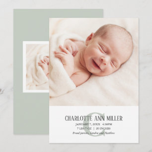 Monogramme vert Faire-part de naissance bébé