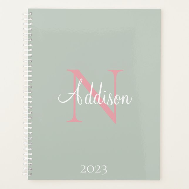 Monogramme vert Sage personnalisé rose (Devant)