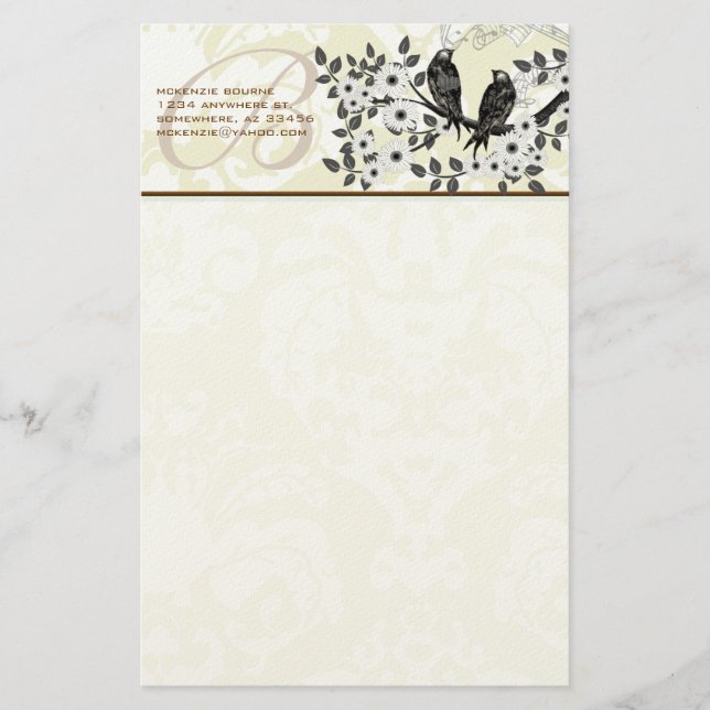 Monogramme Vintage Birds Daisy Branch Papeterie (Devant)