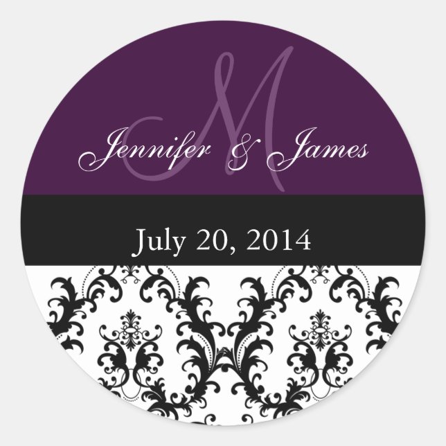 Monogramme violet Damask pour Stickers Mariage (Devant)