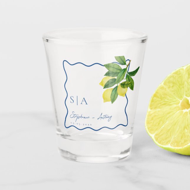 Monogramme Zitronenfrüchte, Hochzeitssonne an der  Schnapsglas (Vorderseite)