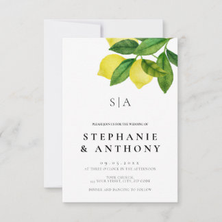 Monogramme Zitronenzweig Grünzeug Hochzeit Einladung