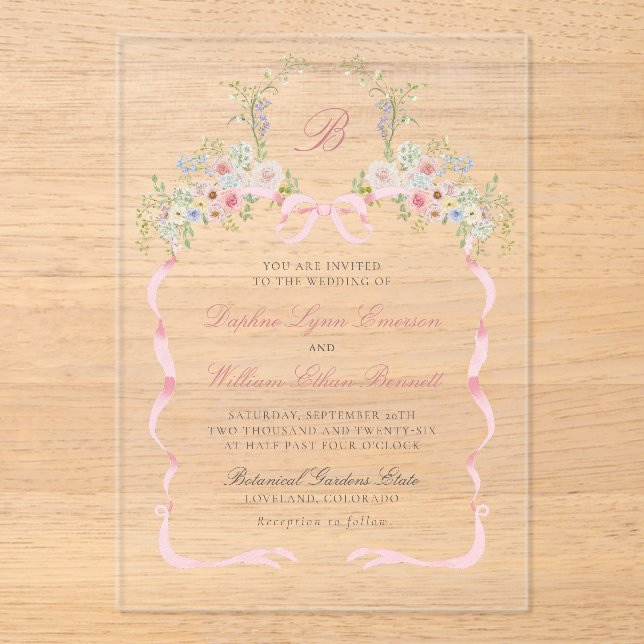 Monogrammed Bows and Florals Wedding Acryleinladungen (Vorderseite)