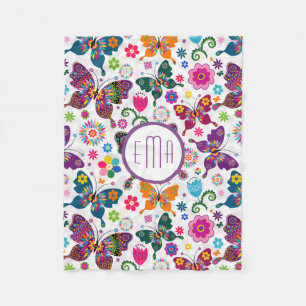 Monogrammed Colorful Floral Butterflies Fleecedecke
