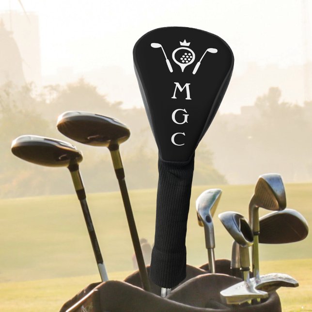 Monogrammed Golf Clubs and Crown Logo Black White Golf Headcover (Von Creator hochgeladen)