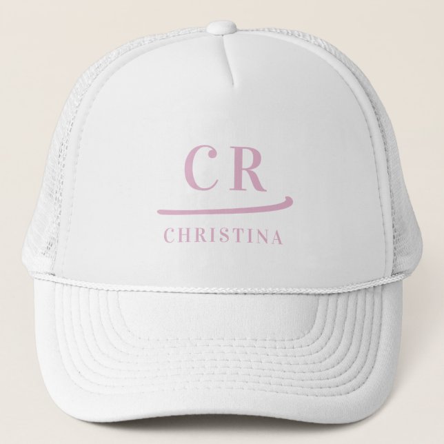 Monogrammed Initials Name Minimalist Pink & White Truckerkappe (Vorderseite)