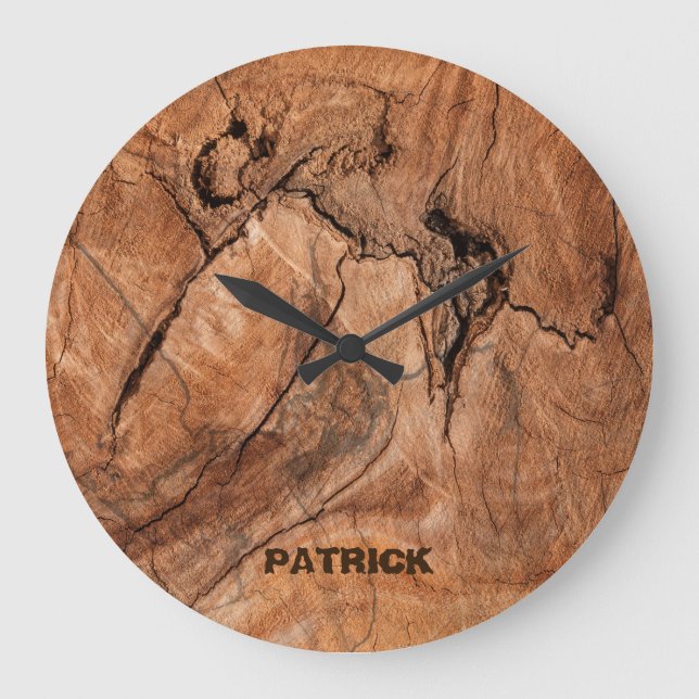 Monogrammed Light Brown Wood Design Große Wanduhr (Vorderseite)