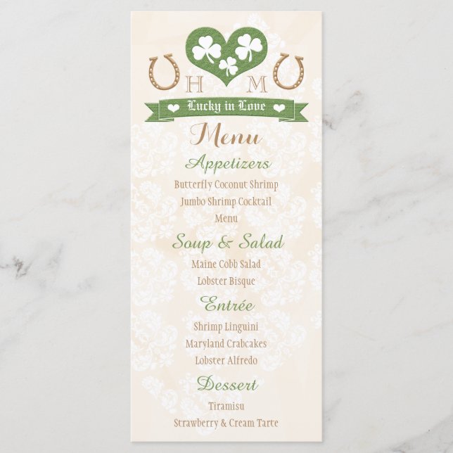 Monogrammed Lucky in Love Shamrock Menu Mariage (Devant)