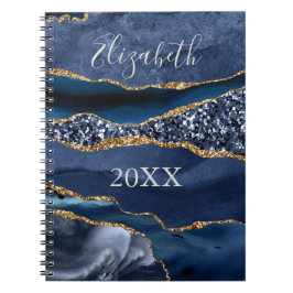 Monogrammed Name Blue Gold Glitter Agate Marble Notizblock