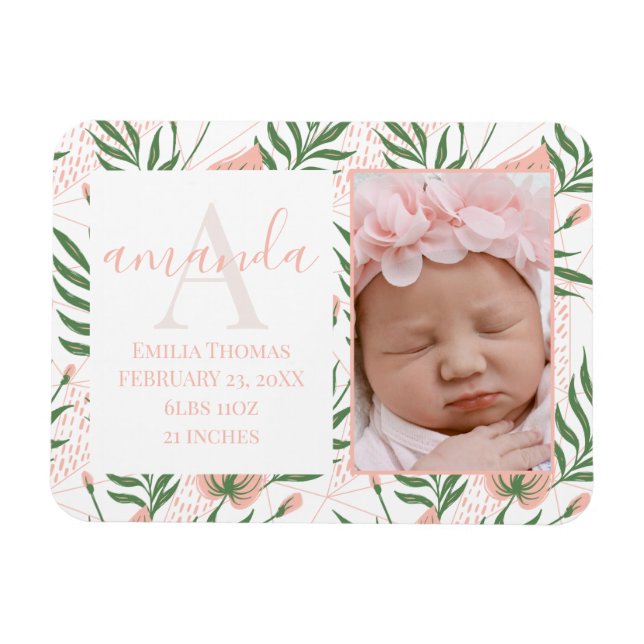 Monogrammed Name Floral Pink Birth Magnet (Horizontal)