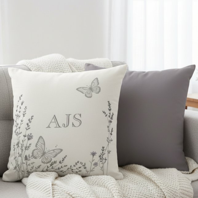 Monogrammed Pillow – Elegant Botanical Butterflies Kissen (Minimalist wildflower monogram pillow)