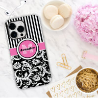 Monogrammed Pink, Black, White Striped Damask Case