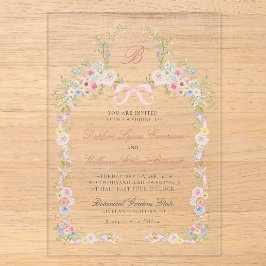 Monogrammed Pink Bows and Wildflowers Wedding Acryleinladungen