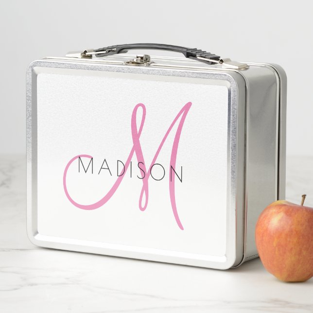 Monogrammed Pink Script Girl's Metall Brotdose (Beispiel)