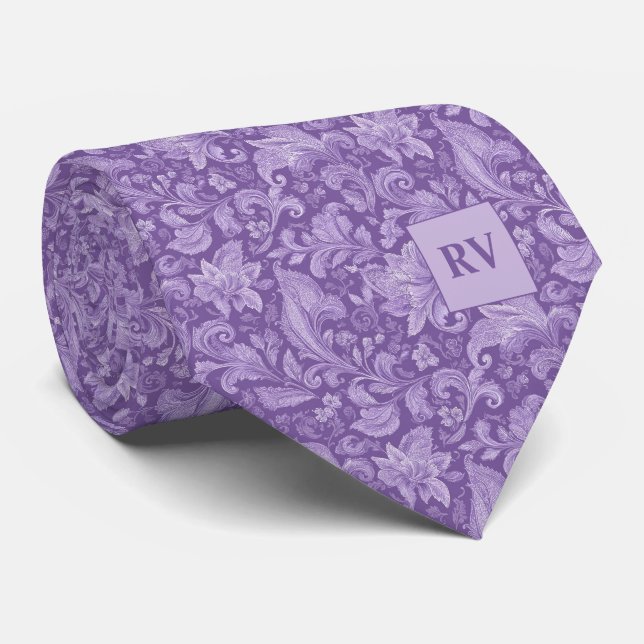 Monogrammed Purple Baroque Leaf Scroll Pattern Krawatte (Gerollt)